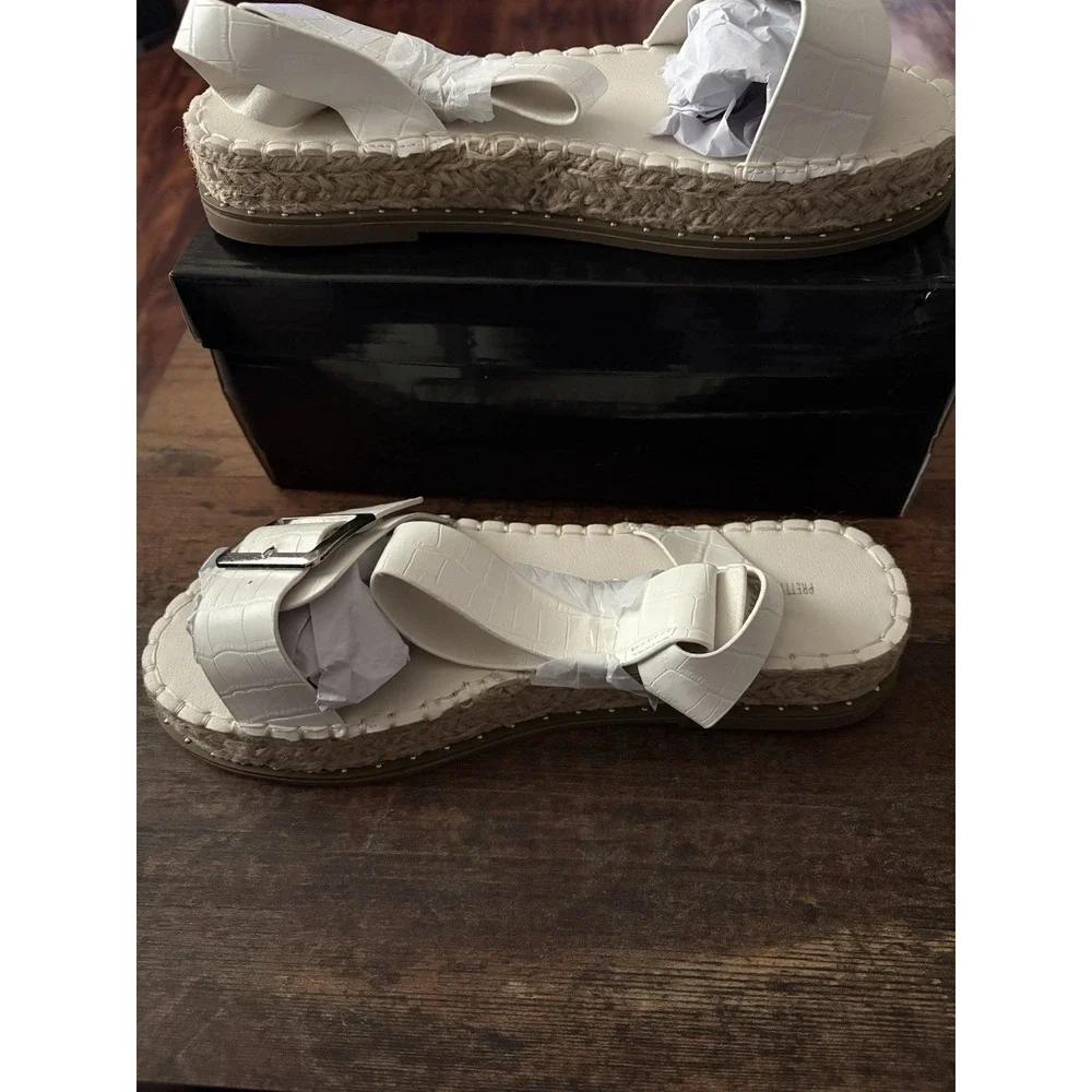 PrettyLittleThing White Croc Buckle Ankle Strap Espadrille Platform Sandals US 9